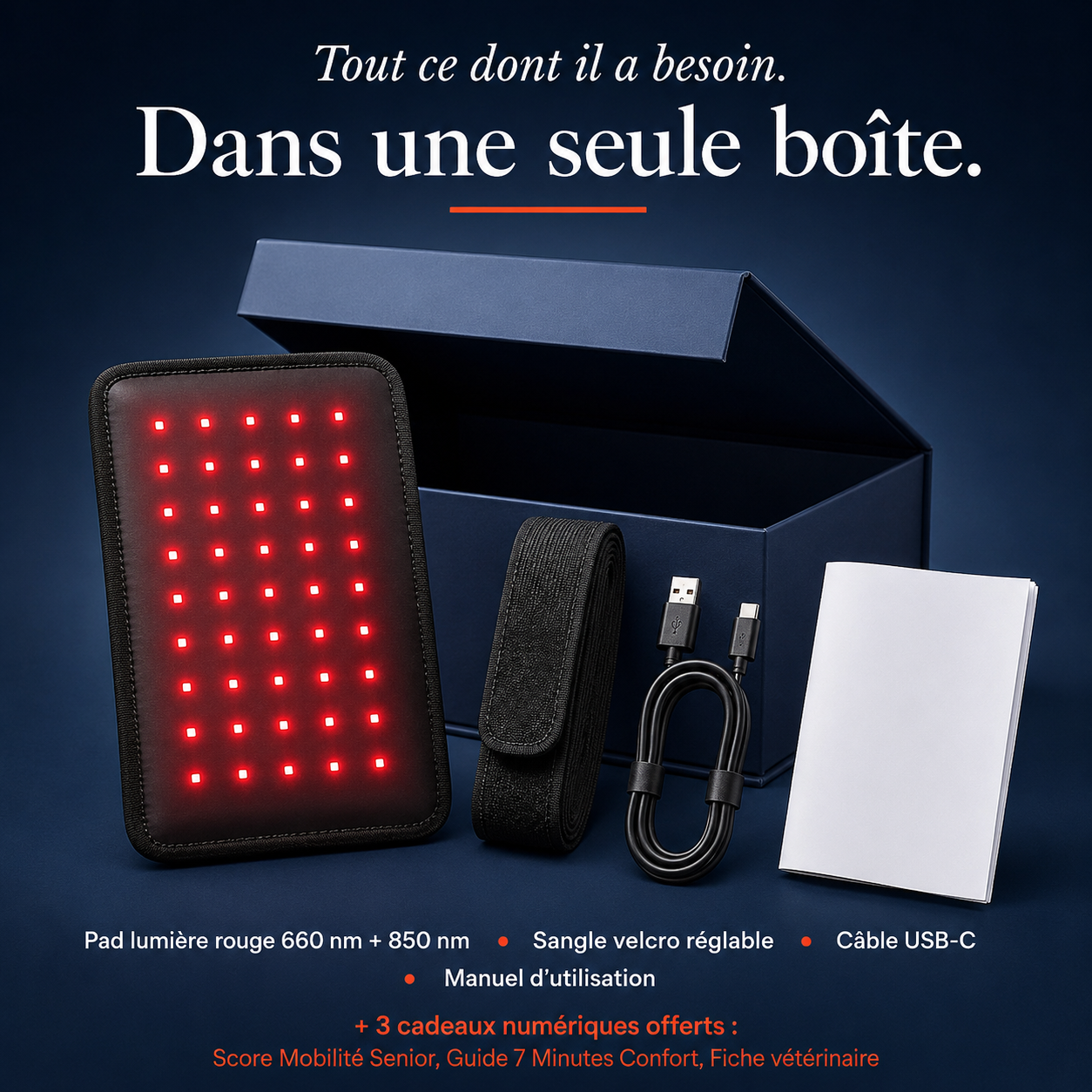 Contenu de la boîte VitalMove : pad lumière rouge, sangle velcro, câble USB-C, manuel et 3 cadeaux numériques