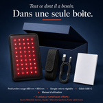 Contenu de la boîte VitalMove : pad lumière rouge, sangle velcro, câble USB-C, manuel et 3 cadeaux numériques