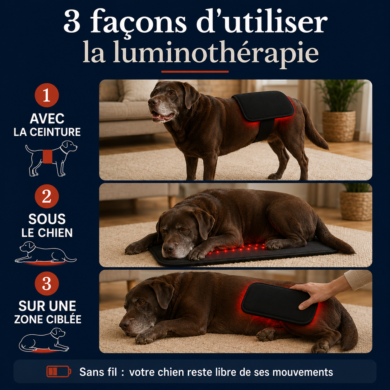 3 façons d'utiliser la luminothérapie : ceinture sur le chien, tapis sous le chien ou zone ciblée
