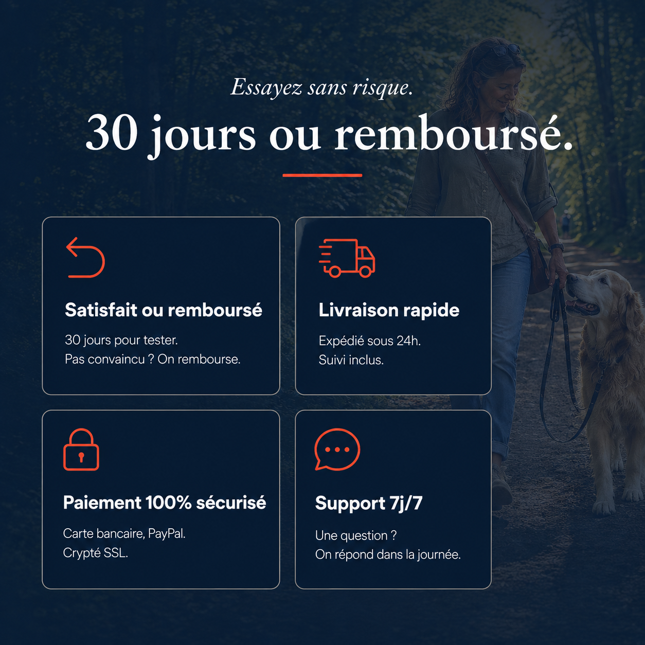 Essai sans risque 30 jours satisfait ou remboursé, livraison 24h, paiement sécurisé, support 7 jours sur 7