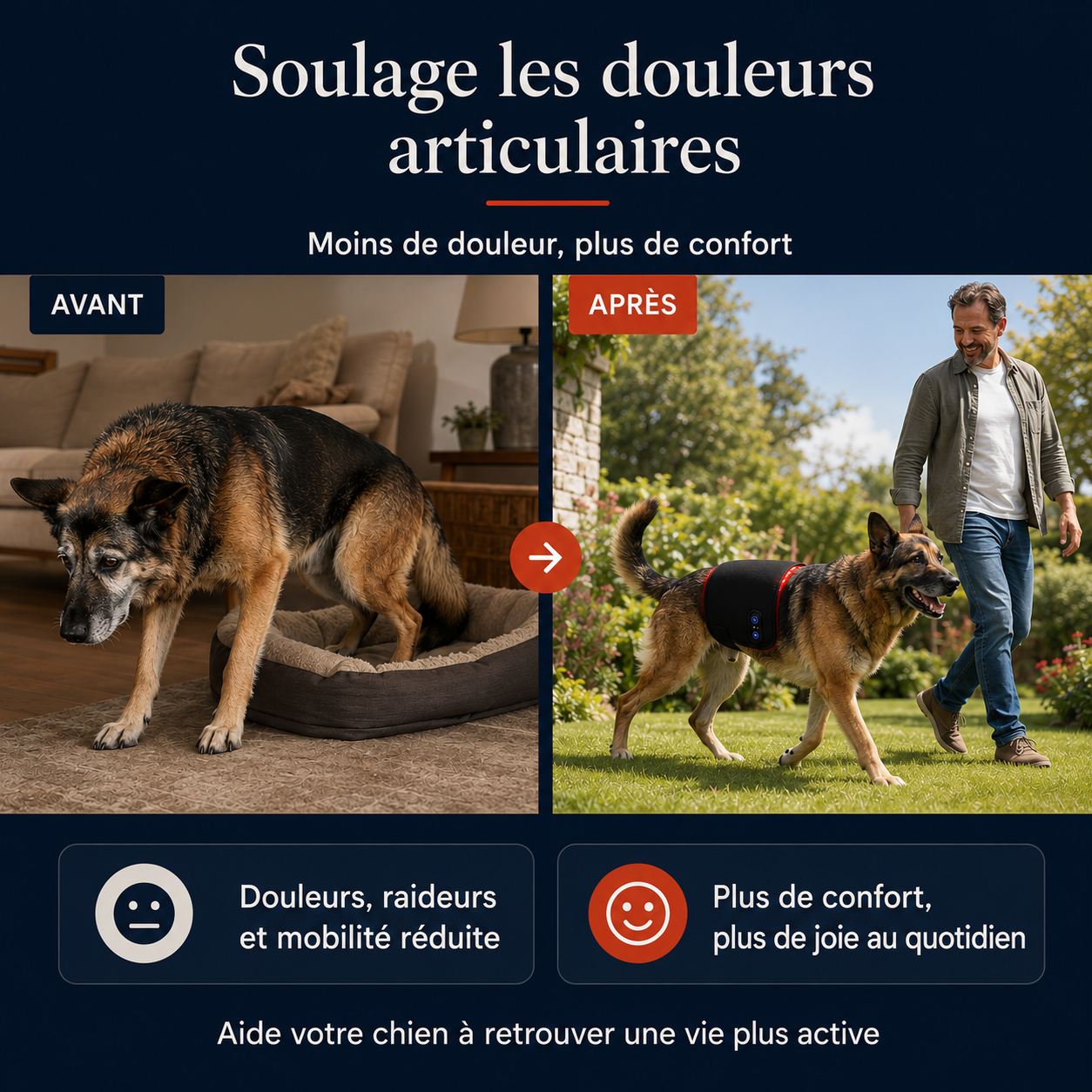 Avant après : chien senior soulagé des douleurs articulaires, moins de douleur plus de confort