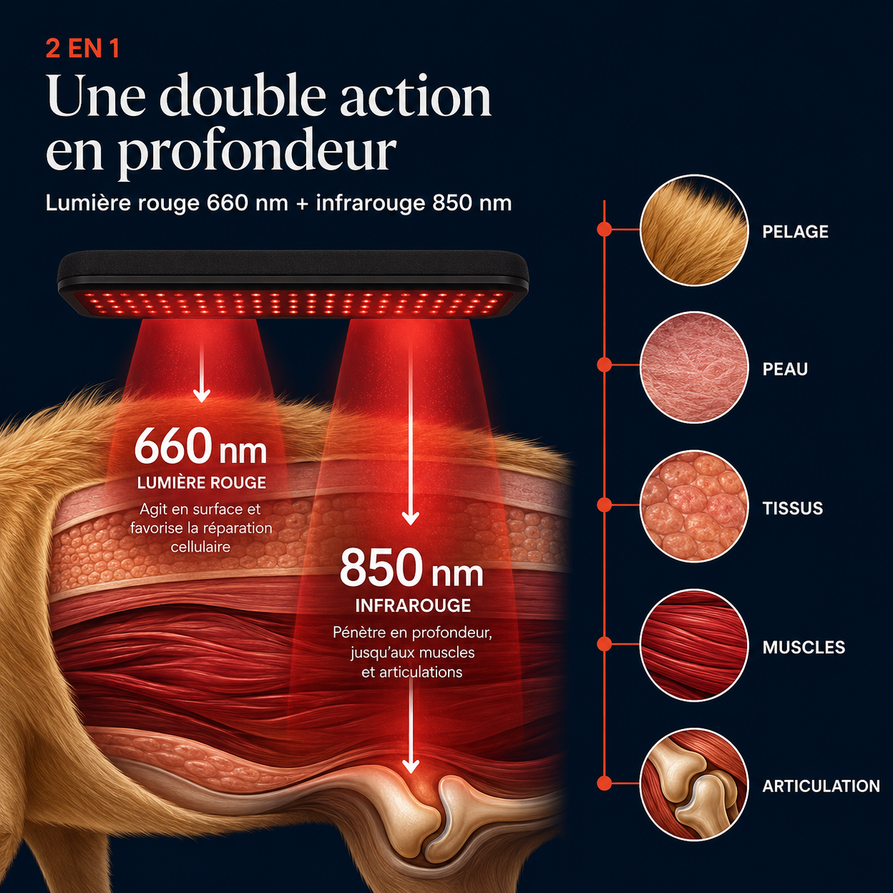 Double action en profondeur : lumière rouge 660 nm en surface et infrarouge 850 nm jusqu'aux articulations
