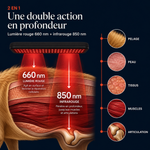 Double action en profondeur : lumière rouge 660 nm en surface et infrarouge 850 nm jusqu'aux articulations
